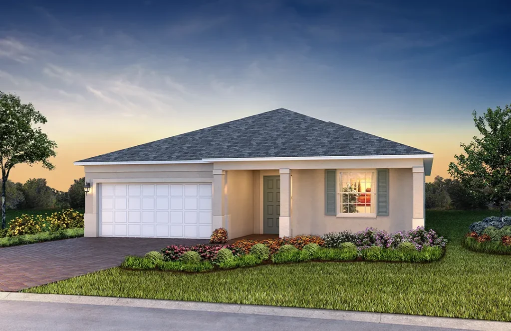 Exterior rendering of the Ginger home model: single-story tan stucco house with gray hip roof, white two-car garage, covered front porch with square columns, teal front door, shuttered window, brick-paver driveway, and colorful landscaped front yard at sunset.