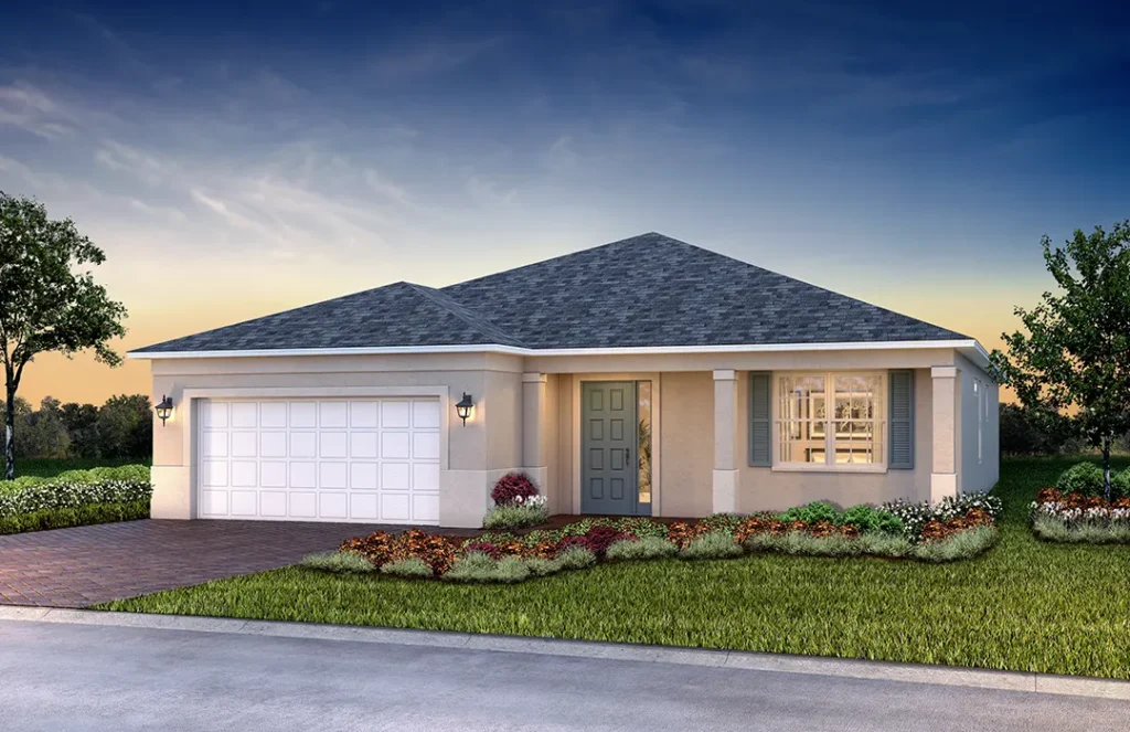 Single-story suburban house with a gray shingle roof, beige exterior, and a two-car garage, surrounded by neatly landscaped grass and flower beds at sunset.